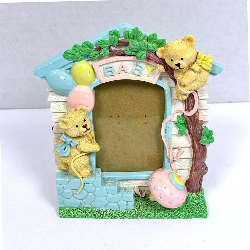 Vtg 90s Baby TeddyBear Photo Frame 3D Resin Nursery Decor Whimsical Keepsake